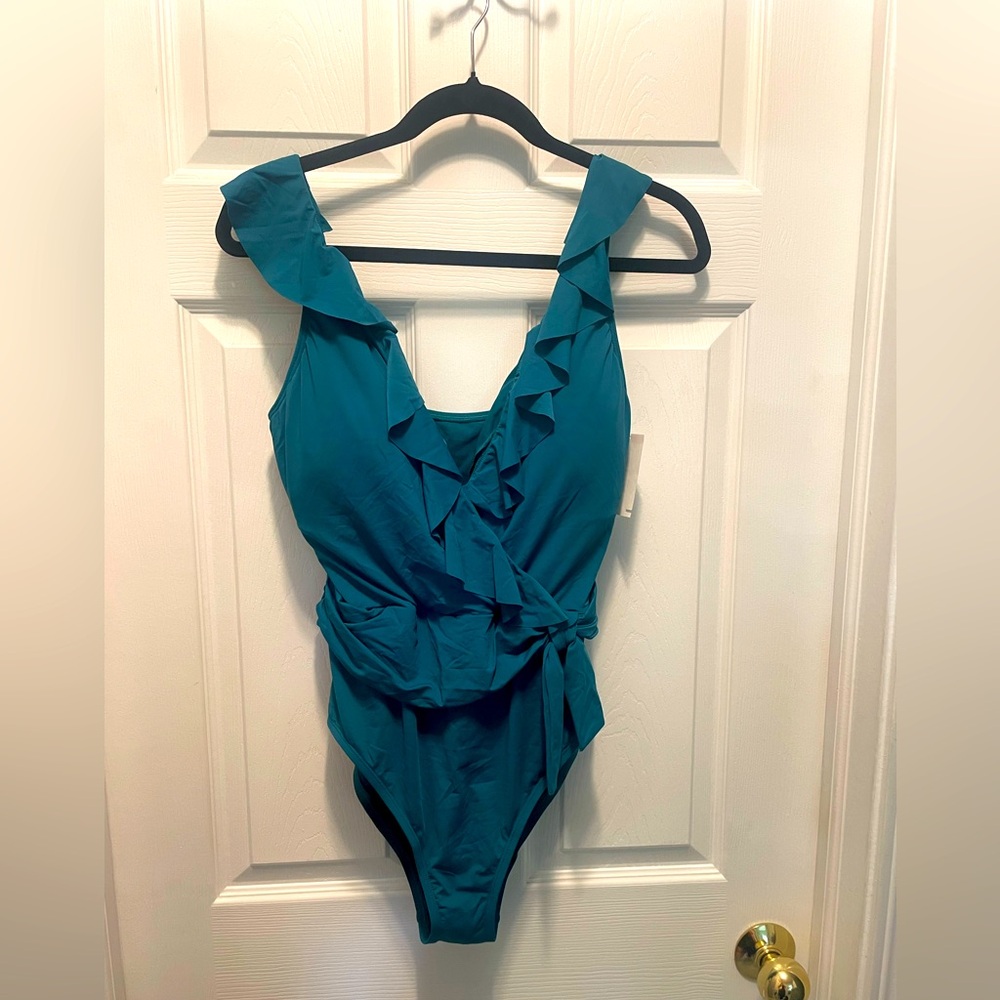 Bleu Rod Beattie Teal Ruffle V-Neck One-Piece Swimsuit